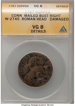 image for: 1787 COPPER INDE ET LIB Mailed Bust Right Connecticut Copper--Damaged--ANACS. VG8 Details. M. 52-G.1, W-2745, R.6....