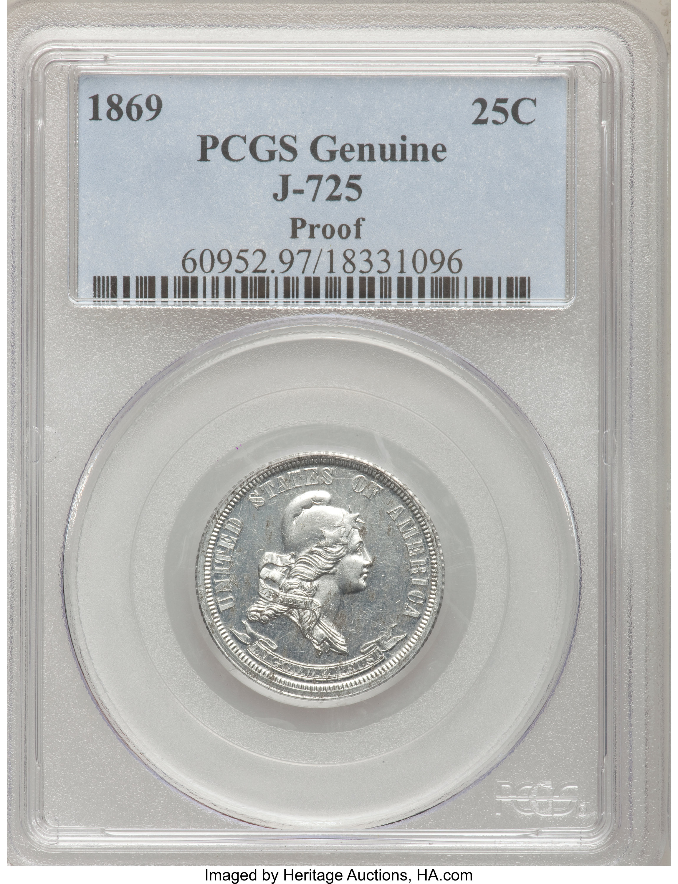 image for: 1869 25C Standard Silver Quarter Dollar, Judd-725, Pollock-806, High R.7, Genuine PCGS. Proof....