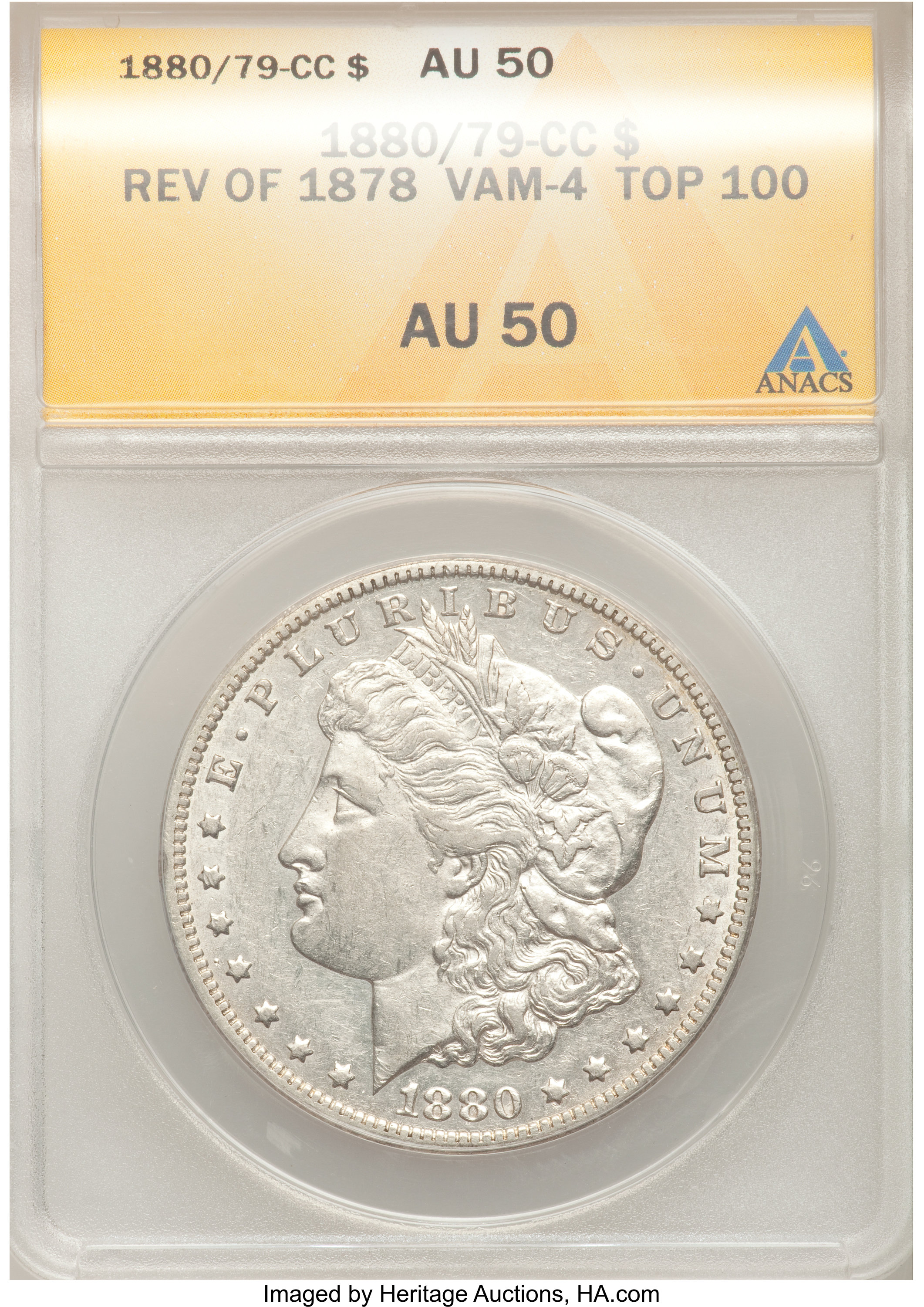 1880/79-CC $1 Reverse of 1878 AU50 ANACS. VAM-4, Top-100. NGC Census: (1/567). PCGS Population (0/2777). Mintage: 591,000. ...