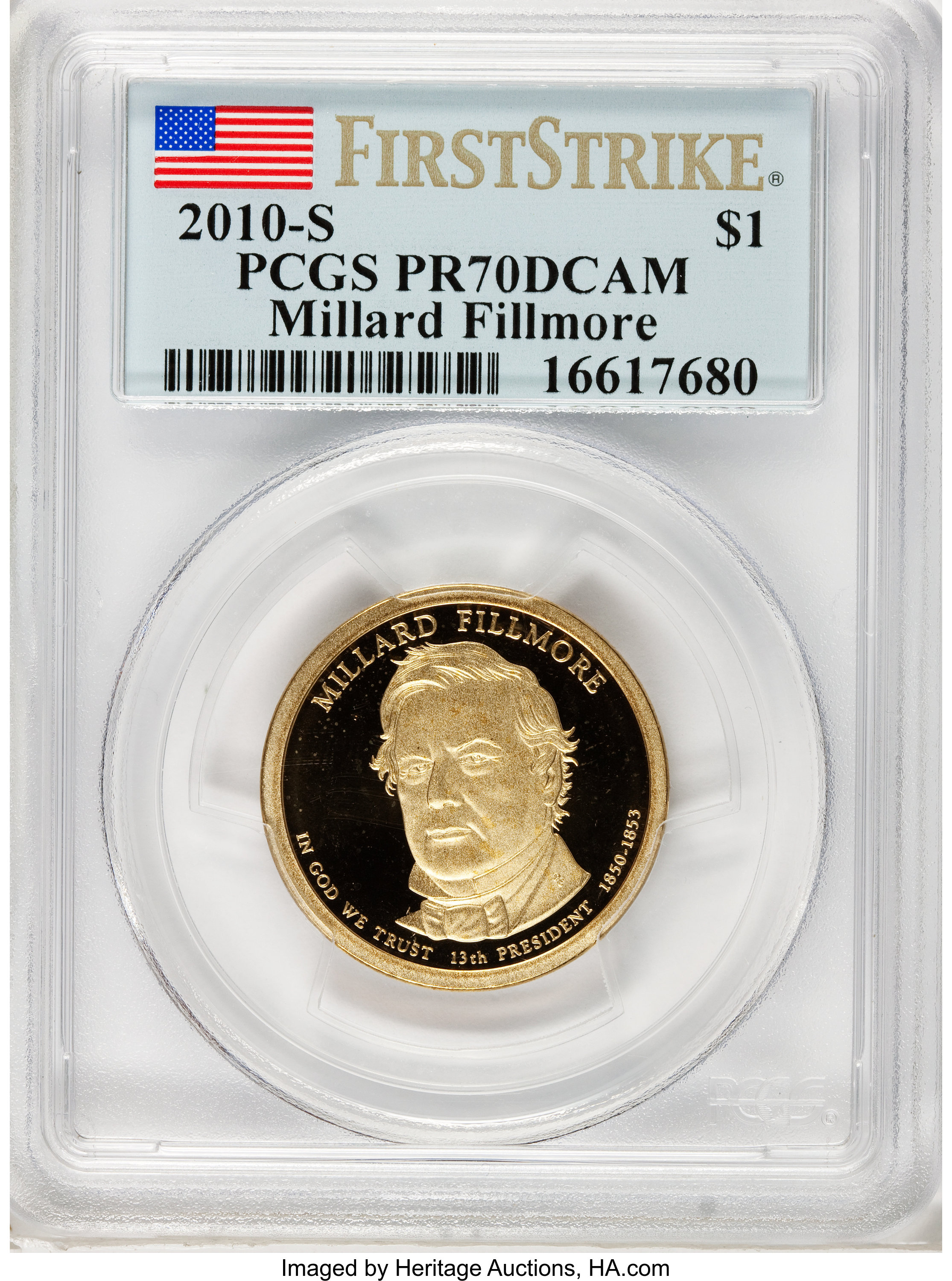 image for: 2010-S $1 Presidential Dollars Millard Fillmore PR70 Deep Cameo PCGS; 1910-S Franklin Pierce PR70 Deep Cameo PCGS; and a ... (Total: 3 coins)