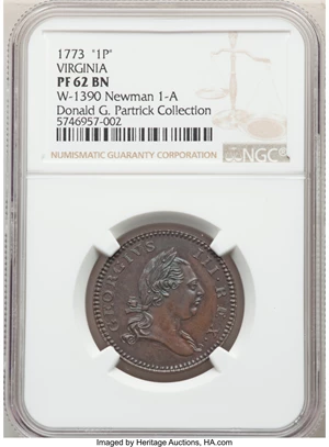 image for: 1773 Virginia Penny Pattern, Newman 1-A, W-1390, R.6, PR62 Brown NGC....