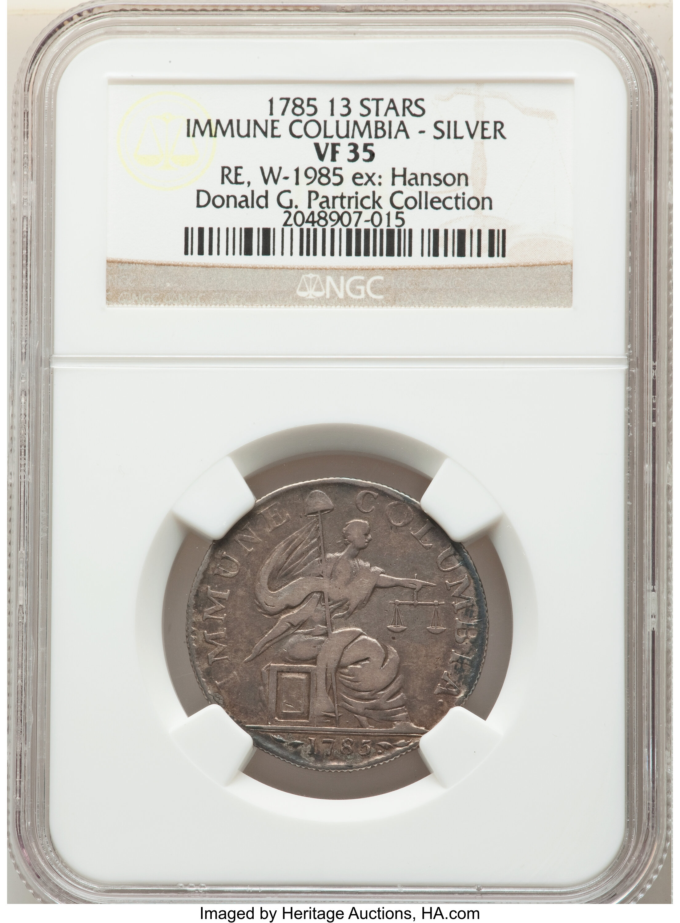 image for: 1785 Immune Columbia Piece, 13 Stars, Silver, Reeded Edge, W-1985, High R.6, VF35 NGC. ...