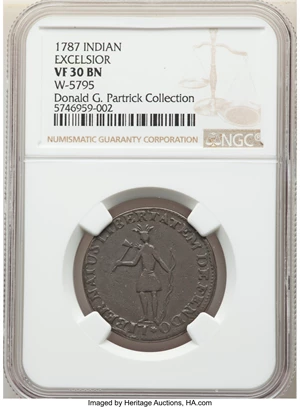 image for: 1787 New York Excelsior Copper, Indian and New York Arms, W-5795, High R.6, VF30 NGC. ...