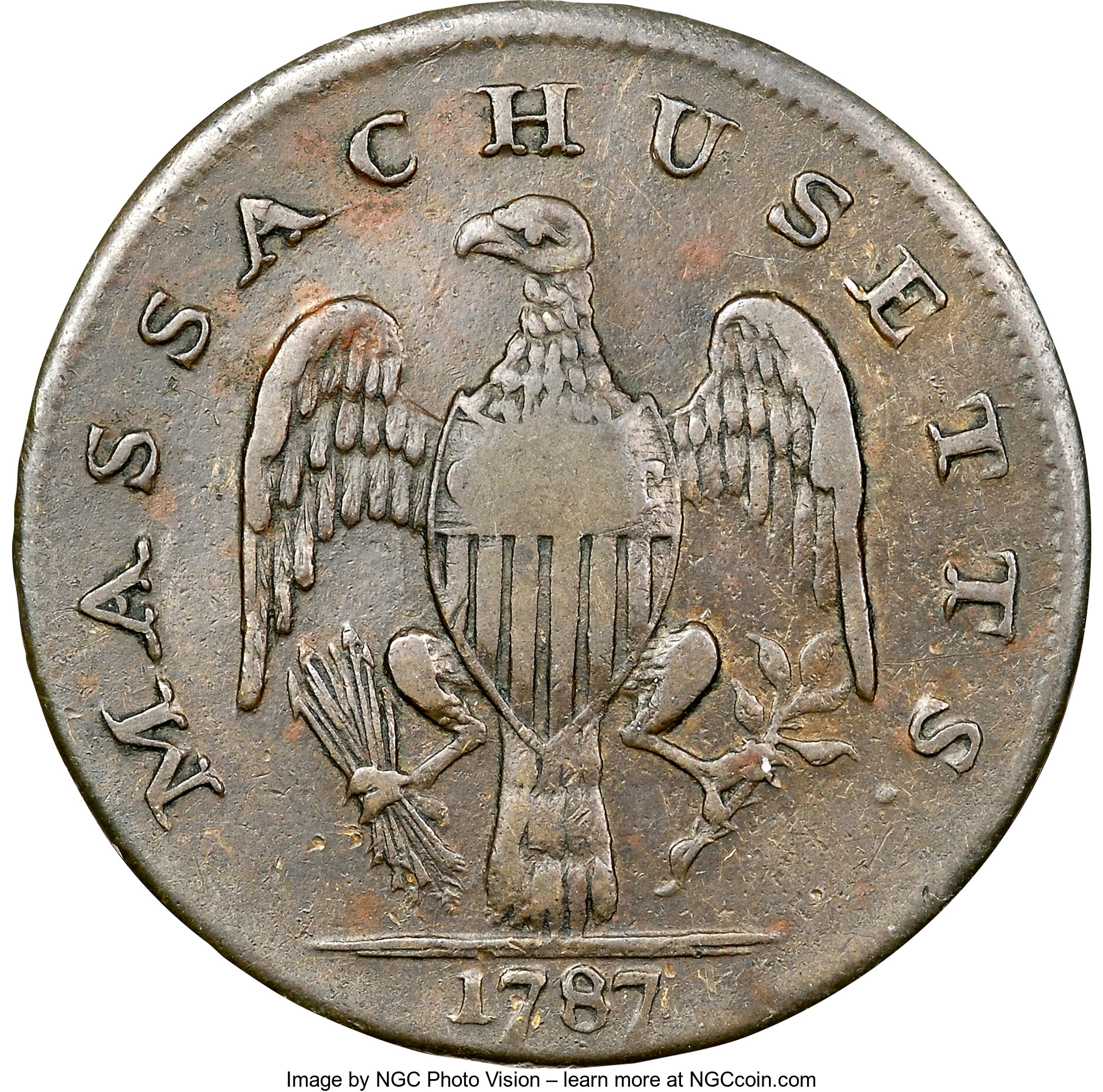 image for: 1787 Massachusetts Cent, Arrows Right, Ryder 2a-F, W-6070, High R.6, XF45 NGC....
