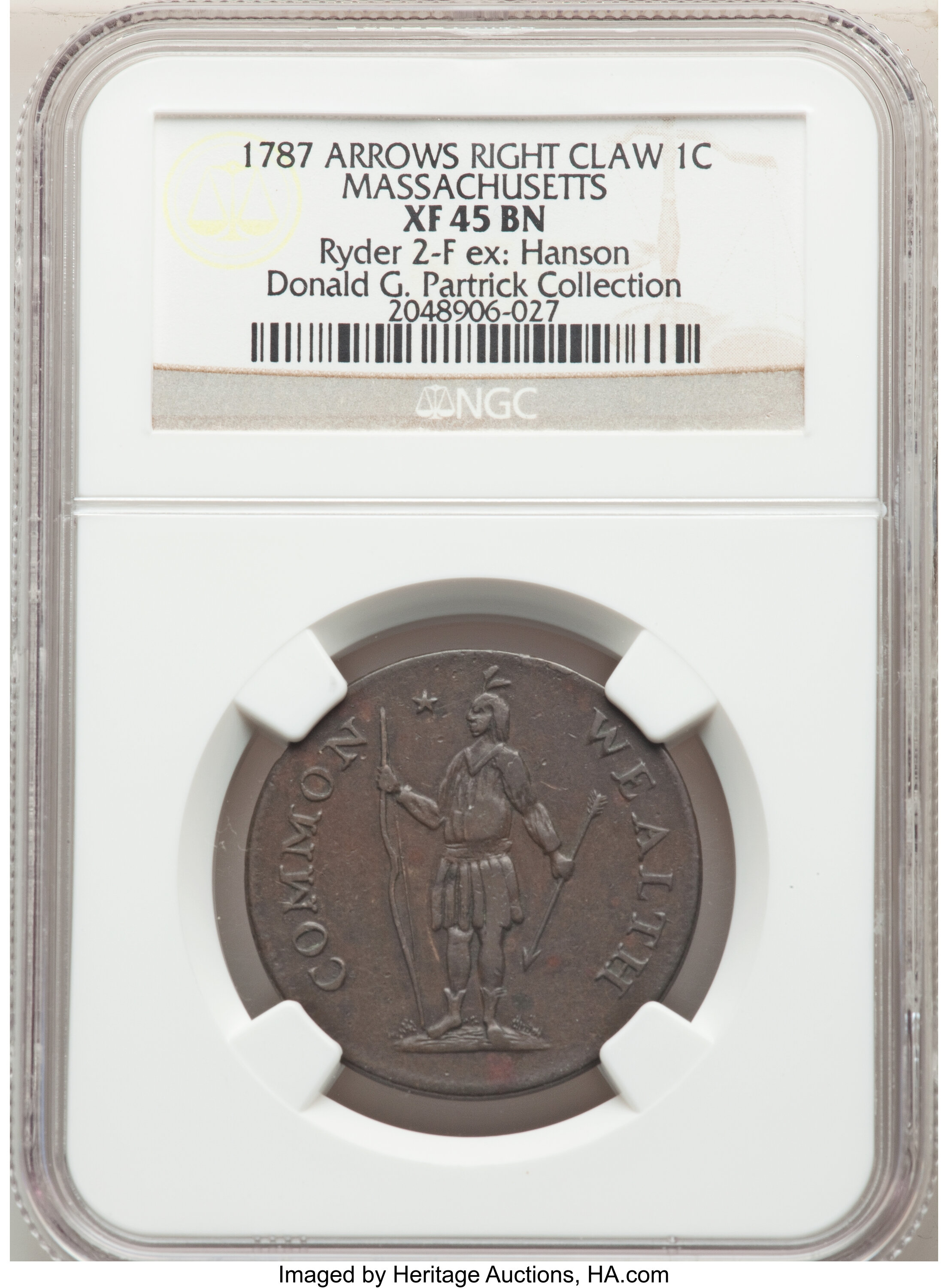 image for: 1787 Massachusetts Cent, Arrows Right, Ryder 2a-F, W-6070, High R.6, XF45 NGC....