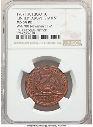 image for: 1787 Fugio Cent, UNITED Above, 4 Cinquefoils, MS64 Red and Brown NGC. N. 11-A, W-6780, R.6. ...