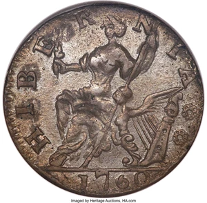 image for: 1760 1/2 P Hibernia-Voce Populi Halfpenny, P Before Face, MS61 Brown NGC. N. 12, Z. 15-N, W-13950, R.2....