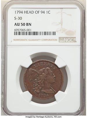 image for: 1794 1C Head of 1794, S-30, B-12, R.1, AU50 NGC....
