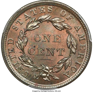 image for: 1839 1C Silly Head, N-9, R.2, MS66 Brown PCGS. CAC....