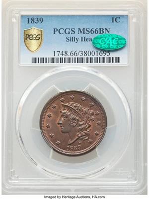 image for: 1839 1C Silly Head, N-9, R.2, MS66 Brown PCGS. CAC....