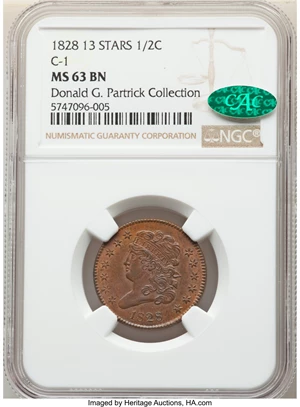 image for: 1828 13 Stars, C-1, B-1, R.1, MS63 Brown NGC. CAC. Our EAC grade MS60. ...