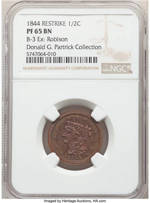 image for: 1844 Second Restrike, B-3, R.6, PR65 Brown NGC. Our EAC grade PR62. ...