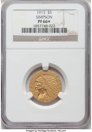 image for: 1913 $5 PR66+ NGC. JD-1, Low R.5....