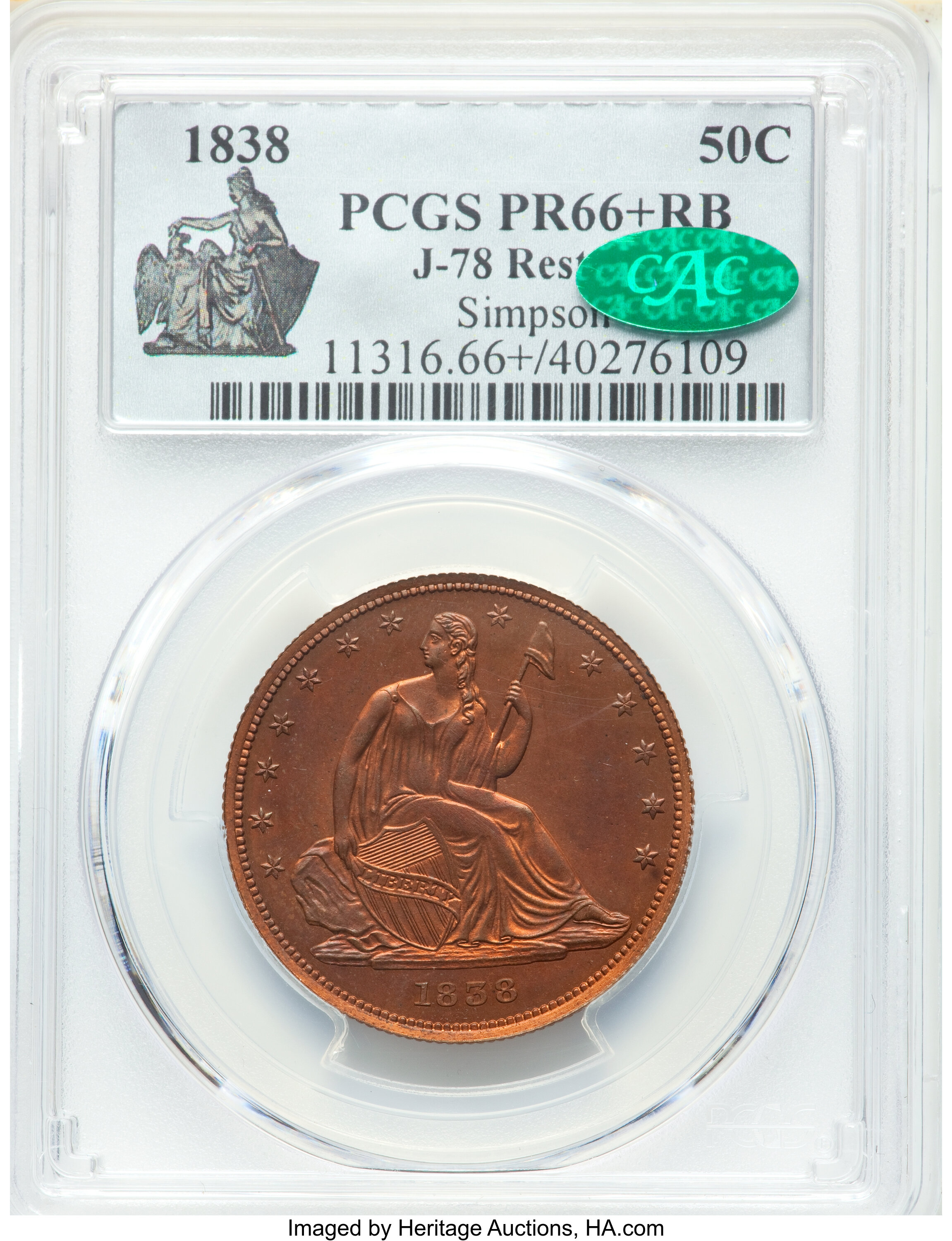 image for: 1838 P50C Seated Liberty Half Dollar, Judd-78 Restrike, Pollock-84, High R.7 PR66+ Red and Brown PCGS. CAC....