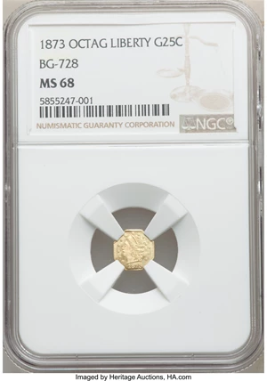 image for: 1873 25C Liberty Head Octagonal 25 Cents, BG-728, R.3, MS68 NGC....