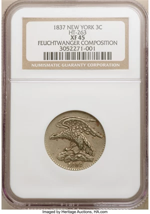 image for: 1837 3C Feuchtwanger Three Cent, Eagle, XF45 NGC. Low-118, HT-263, W-NY-480-65j, R.4....