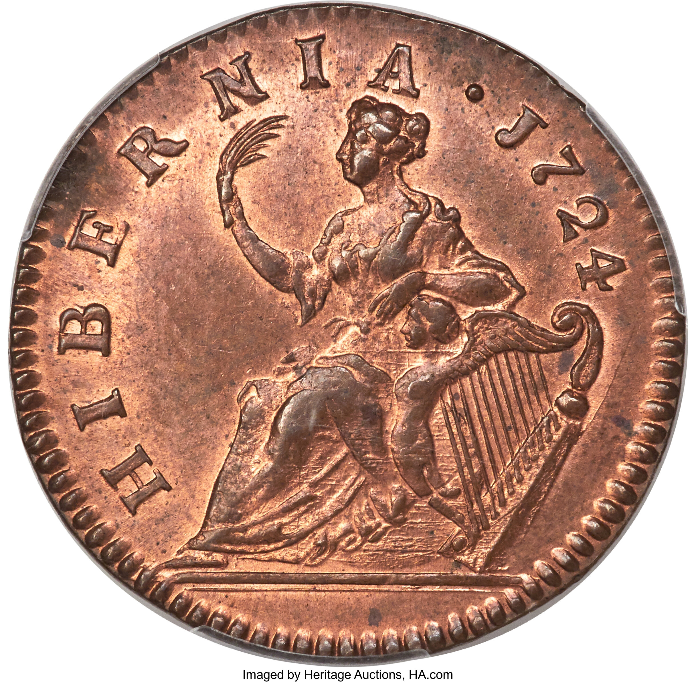 image for: 1724 1/2 P Hibernia Halfpenny MS66 Red and Brown PCGS. M. 4.73-L.2, W-13730, R.5....