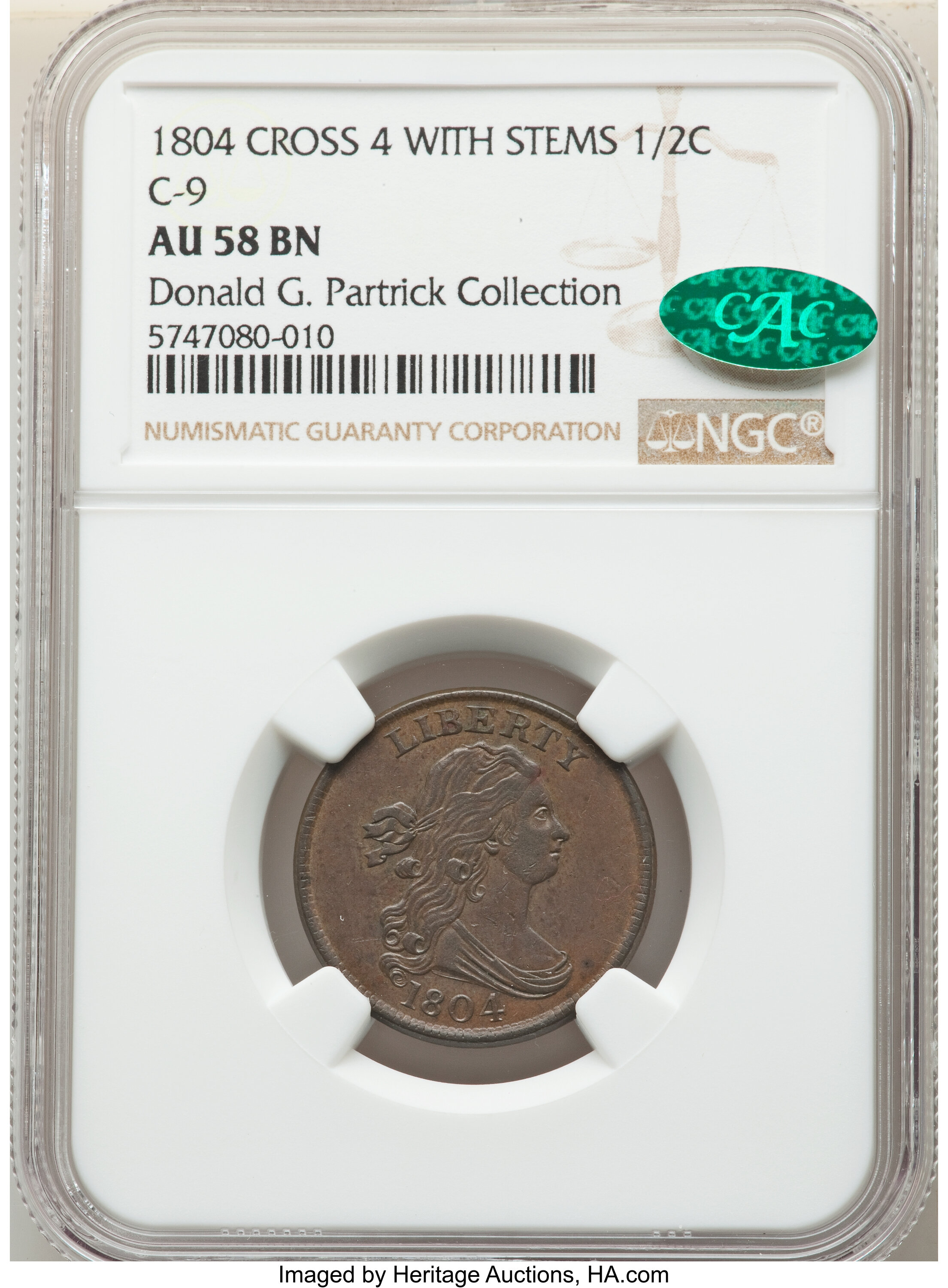 1804 1/2c Crosslet 4, Stems, C-9 MS BN AU50 BN CAC thumbnail 18