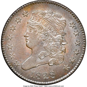 image for: 1828 13 Stars, C-1, B-1, R.1, MS62 Brown NGC. Our EAC grade AU50. ...