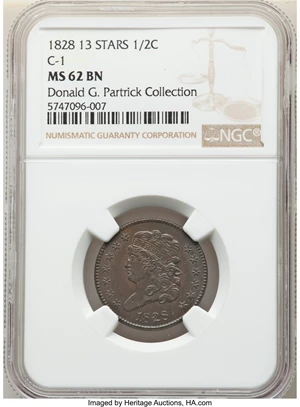 image for: 1828 13 Stars, C-1, B-1, R.1, MS62 Brown NGC. Our EAC grade AU50. ...