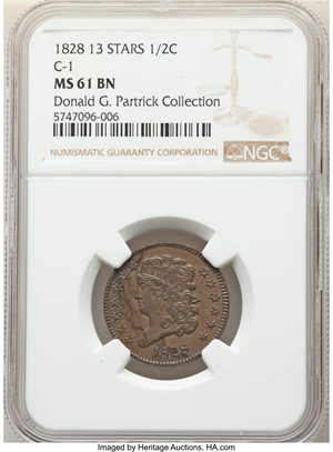 image for: 1828 13 Stars, C-1, B-1, R.1, MS61 Brown NGC. Our EAC grade AU50. ...