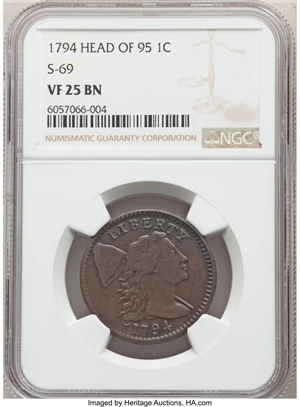 image for: 1794 1C Head of 1795, S-69, B-61, R.3, VF25 NGC.From The Steelhead Falls Collection. ...