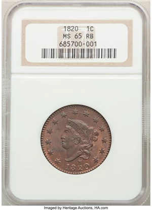 image for: 1820 1C Large Date, N-13, R.1, MS65 Red and Brown NGC. NGC Census: (50/12). PCGS Population: (84/8). CDN: $1,850 Whsle. Bid...