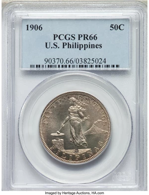 image for: 1906 50C Philippines 50 Centavos PR66 PCGS. PCGS Population: (13/15). NGC Census: (0/0). CDN: $1,750 Whsle. Bid for NGC/PCG...