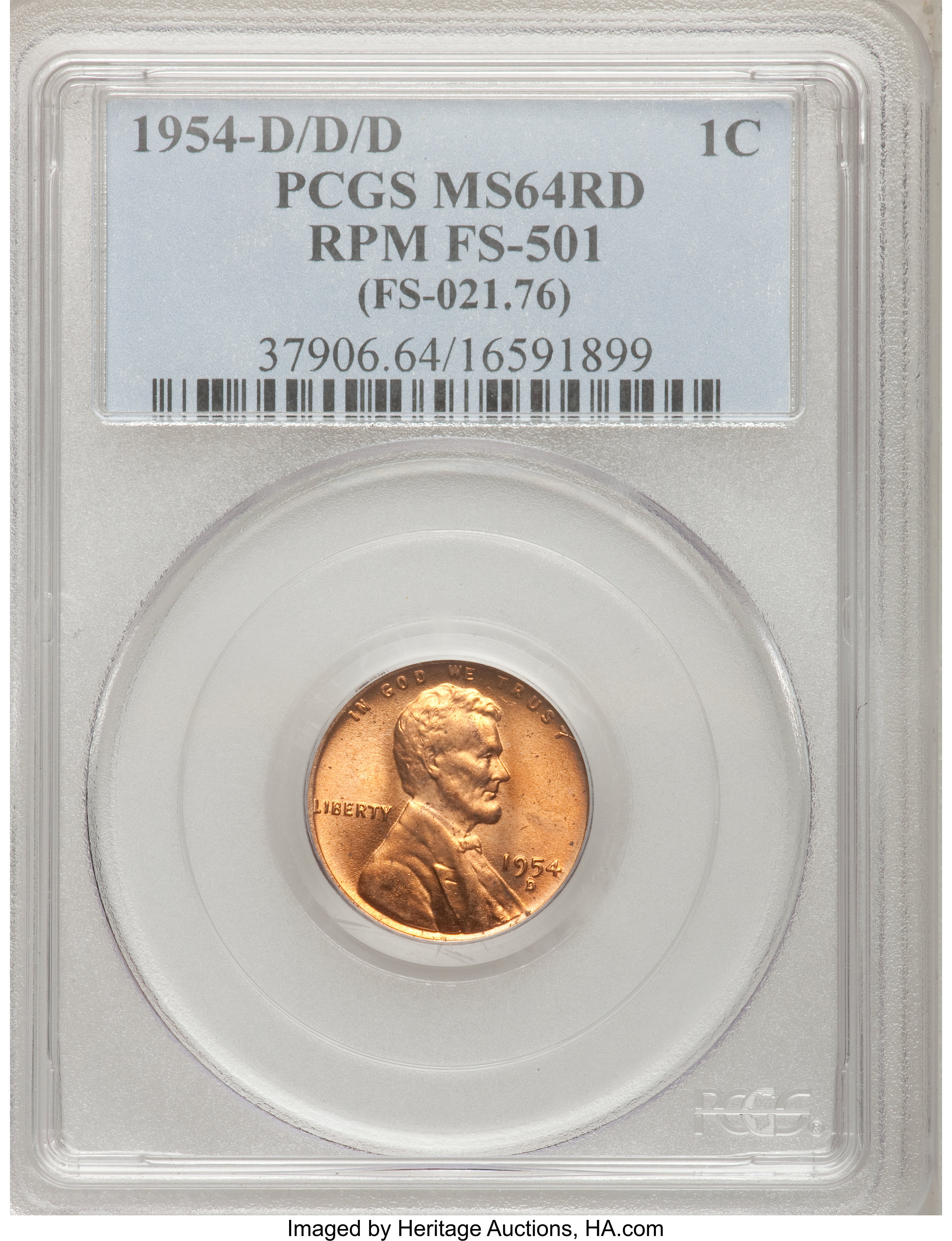 1954-D/D/D 1C MS64 Red PCGS. Ex: RPM FS-501. (FS-021.76). PCGS Population (51/885). NGC Census: (32/1905). Mintage: 251,552...