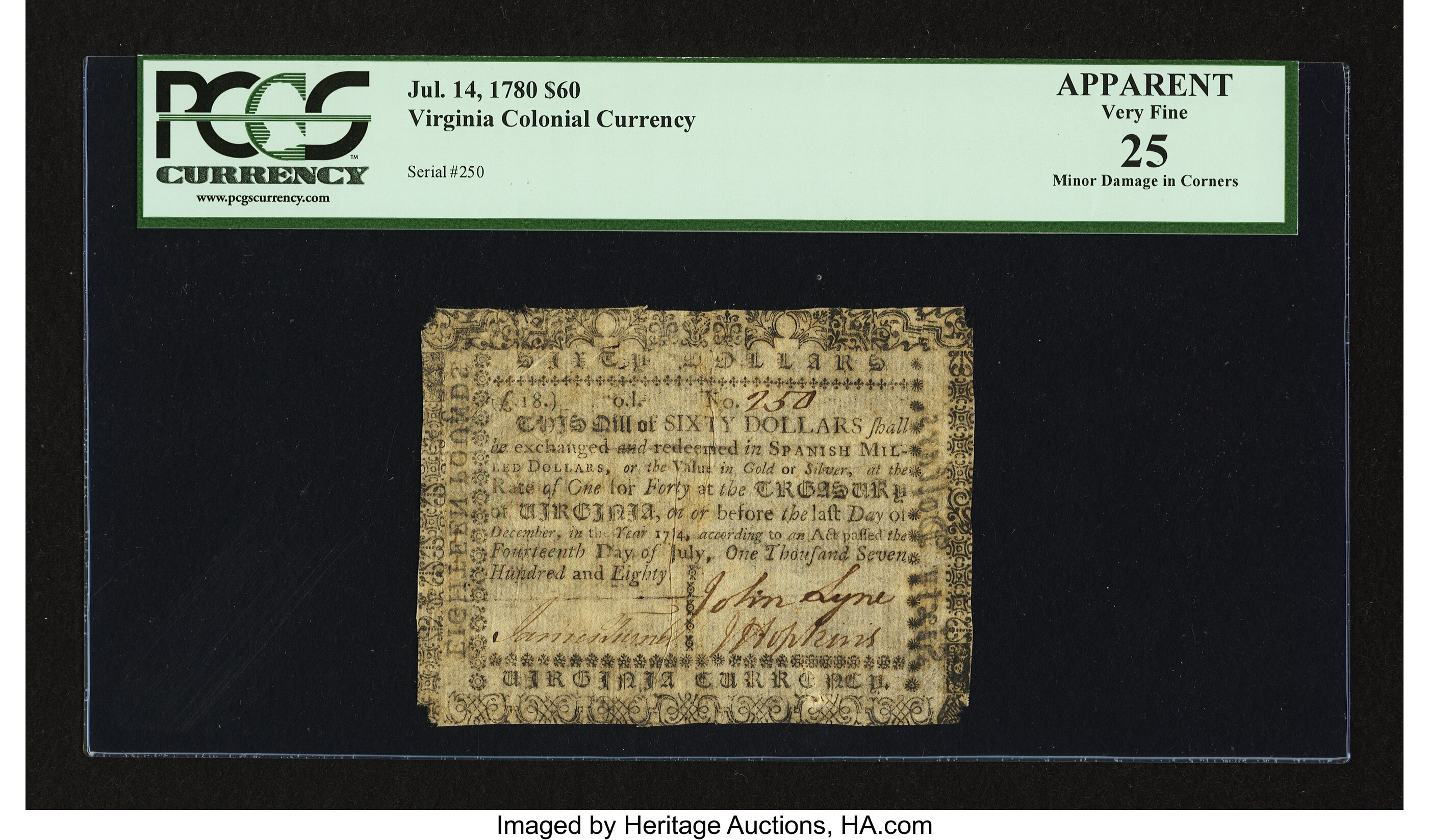 image for: Virginia July 14, 1780 $60 PCGS Apparent Very Fine 25....
