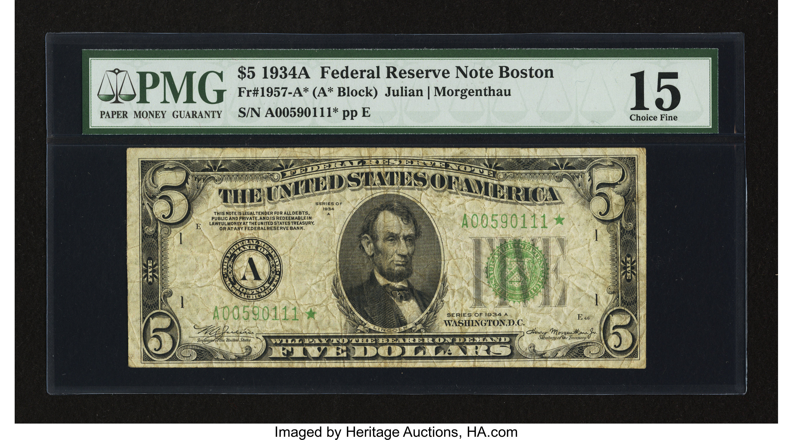 image for: Fr. 1957-A* $5 1934A Federal Reserve Star Note. PMG Choice Fine 15....