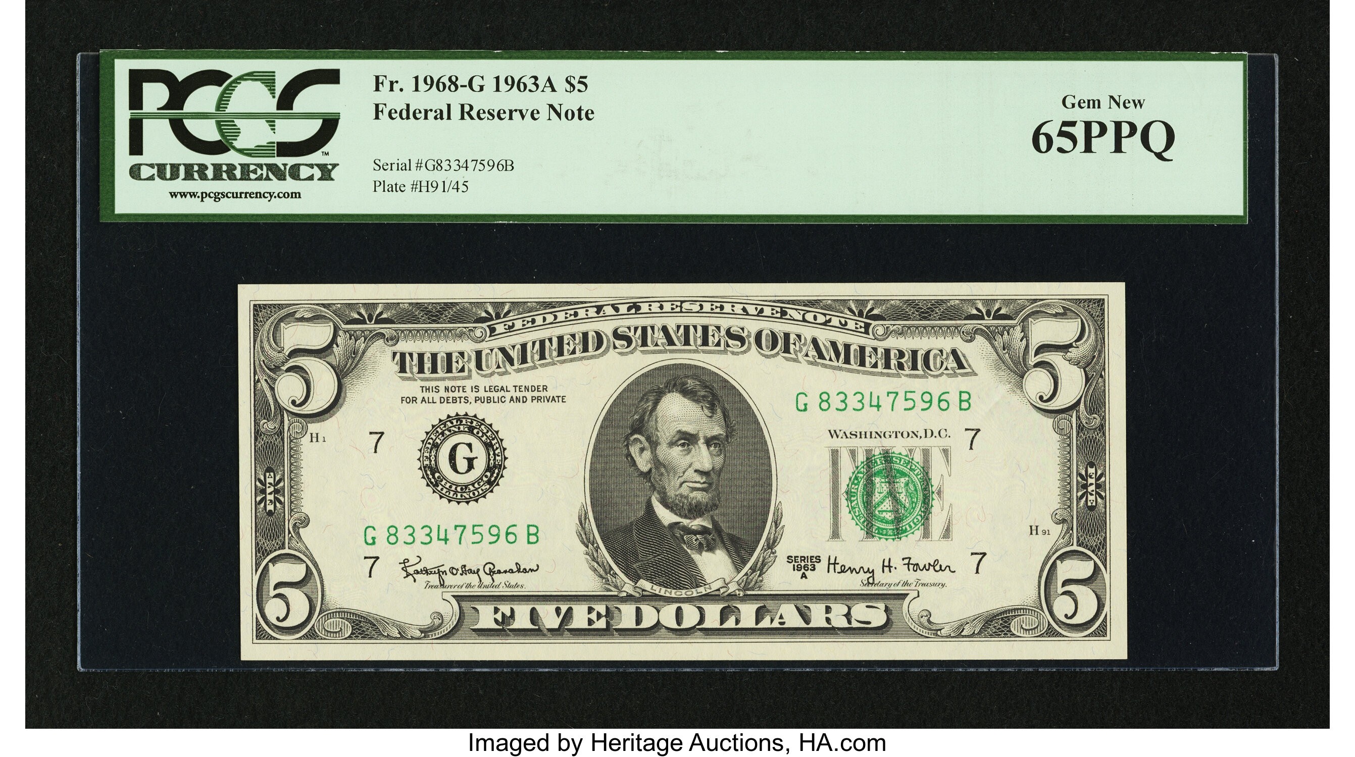 image for: Fr. 1968-G $5 1963A Federal Reserve Note. PCGS Gem New 65PPQ....