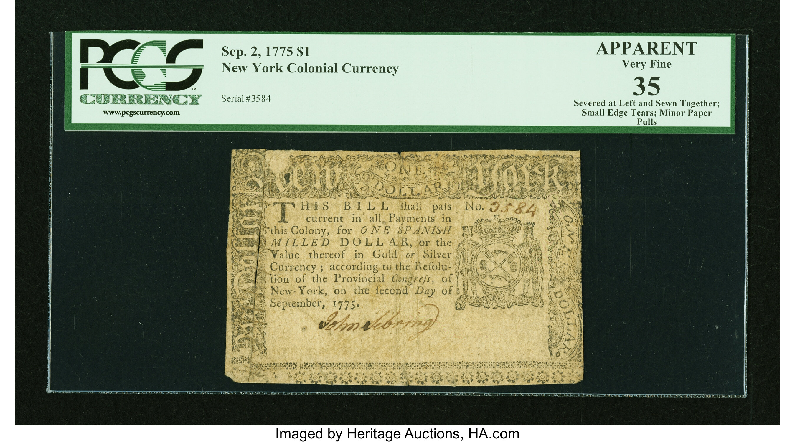 image for: New York September 2, 1775 $1 PCGS Apparent Very Fine 35....