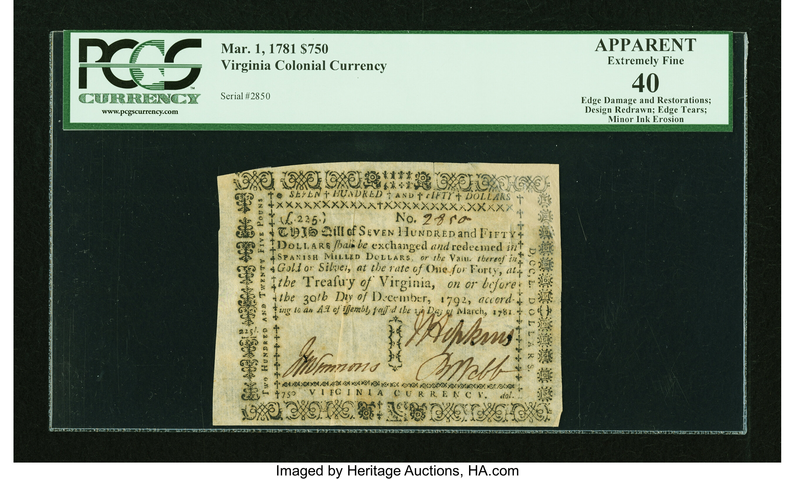 image for: Virginia March 1, 1781 $750 PCGS Apparent Extremely Fine 40....