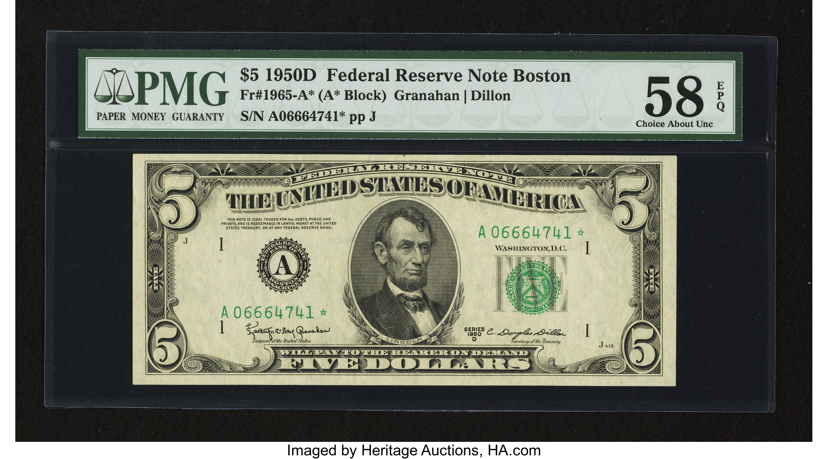 image for: Fr. 1965-A* $5 1950D Federal Reserve Star Note. PMG Choice About Unc 58 EPQ....