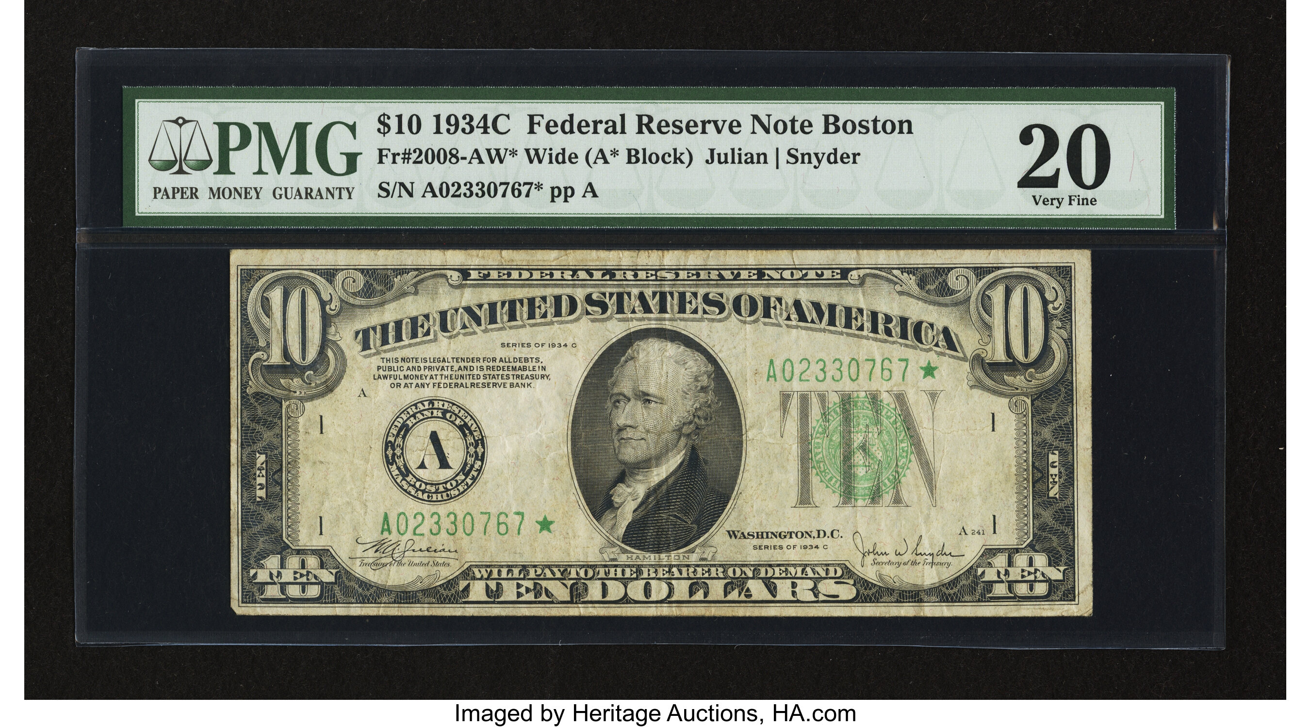 image for: Fr. 2008-A* $10 1934C Wide Federal Reserve Star Note. PMG Very Fine 20....