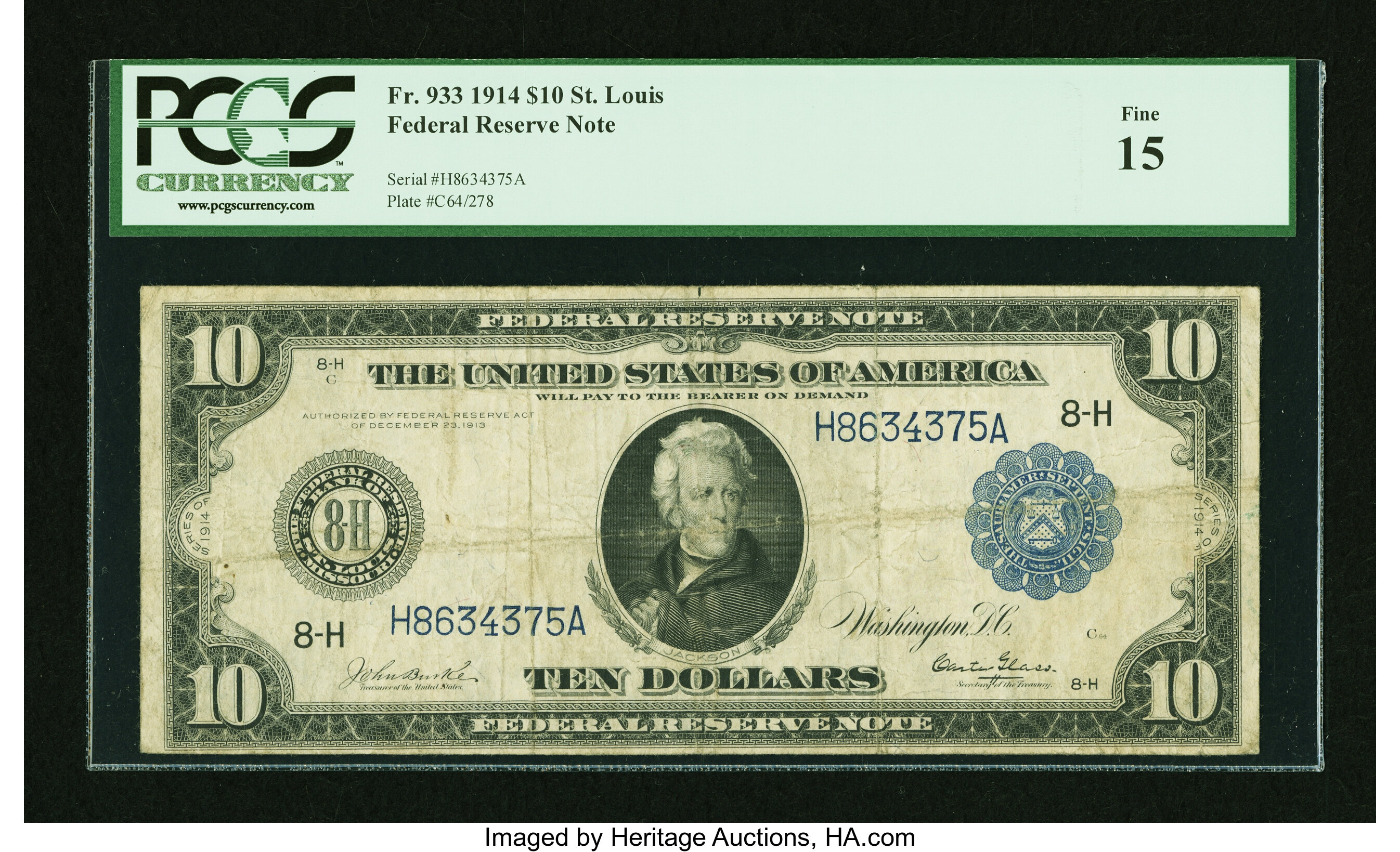 image for: Fr. 933 $10 1914 Federal Reserve Note PCGS Fine 15....