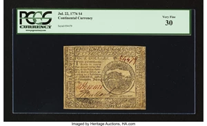 image for: Continental Currency July 22, 1776 $4 PCGS Very Fine 30....