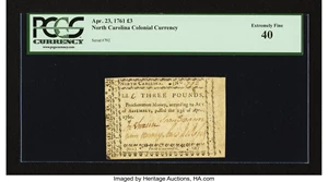 image for: North Carolina April 23, 1761 £3 PCGS Extremely Fine 40....