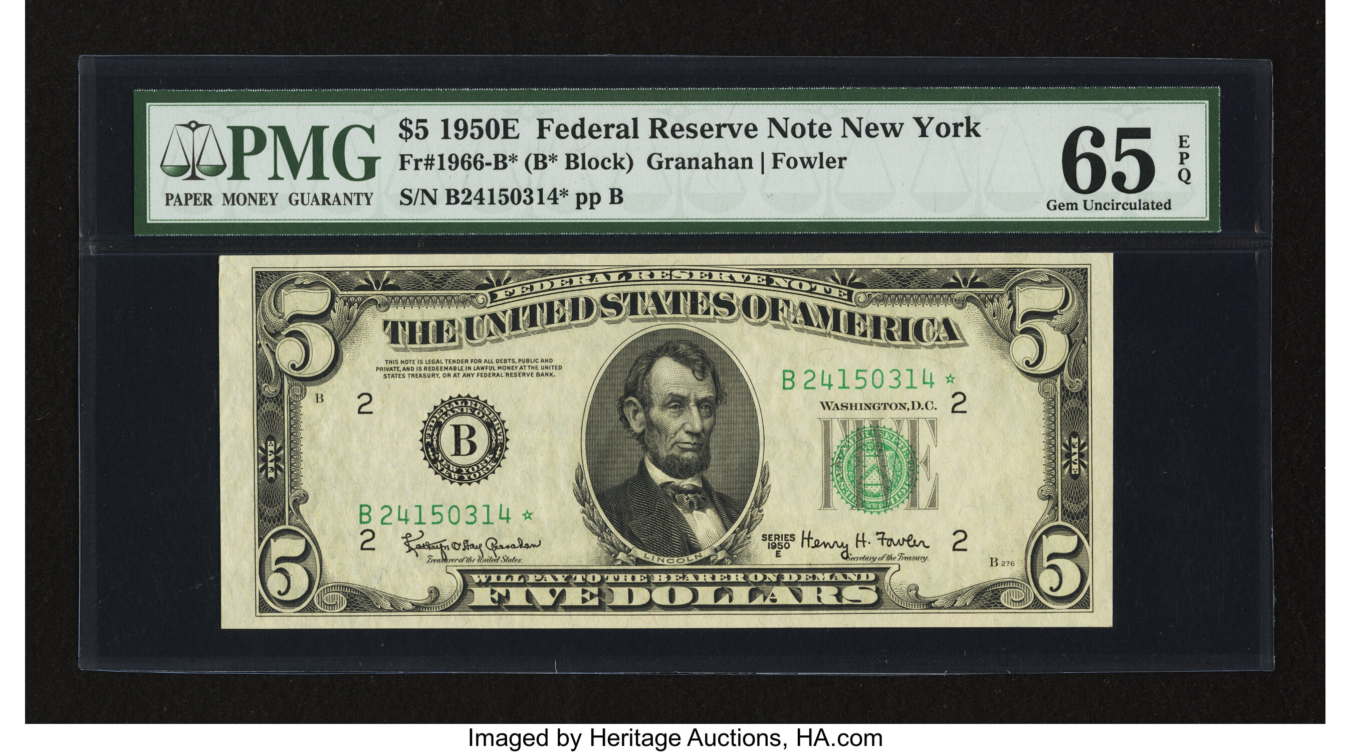 image for: Fr. 1966-B* $5 1950E Federal Reserve Star Note. PMG Gem Uncirculated 65 EPQ....