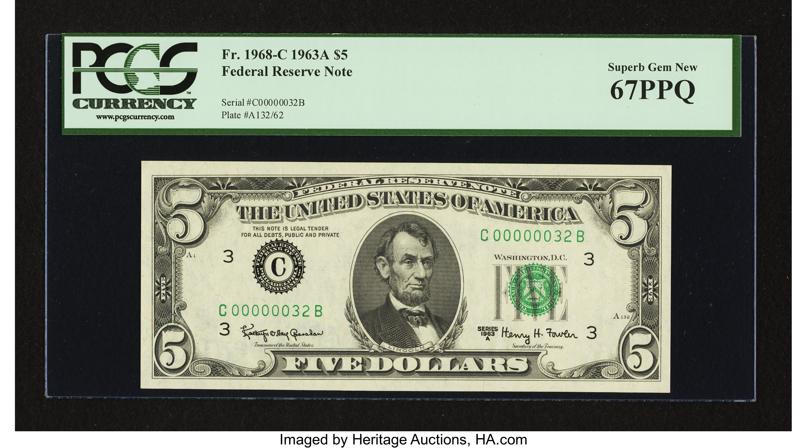 image for: Low Serial Number Fr. 1968-C $5 1963A Federal Reserve Note. PCGS Superb Gem New 67PPQ....