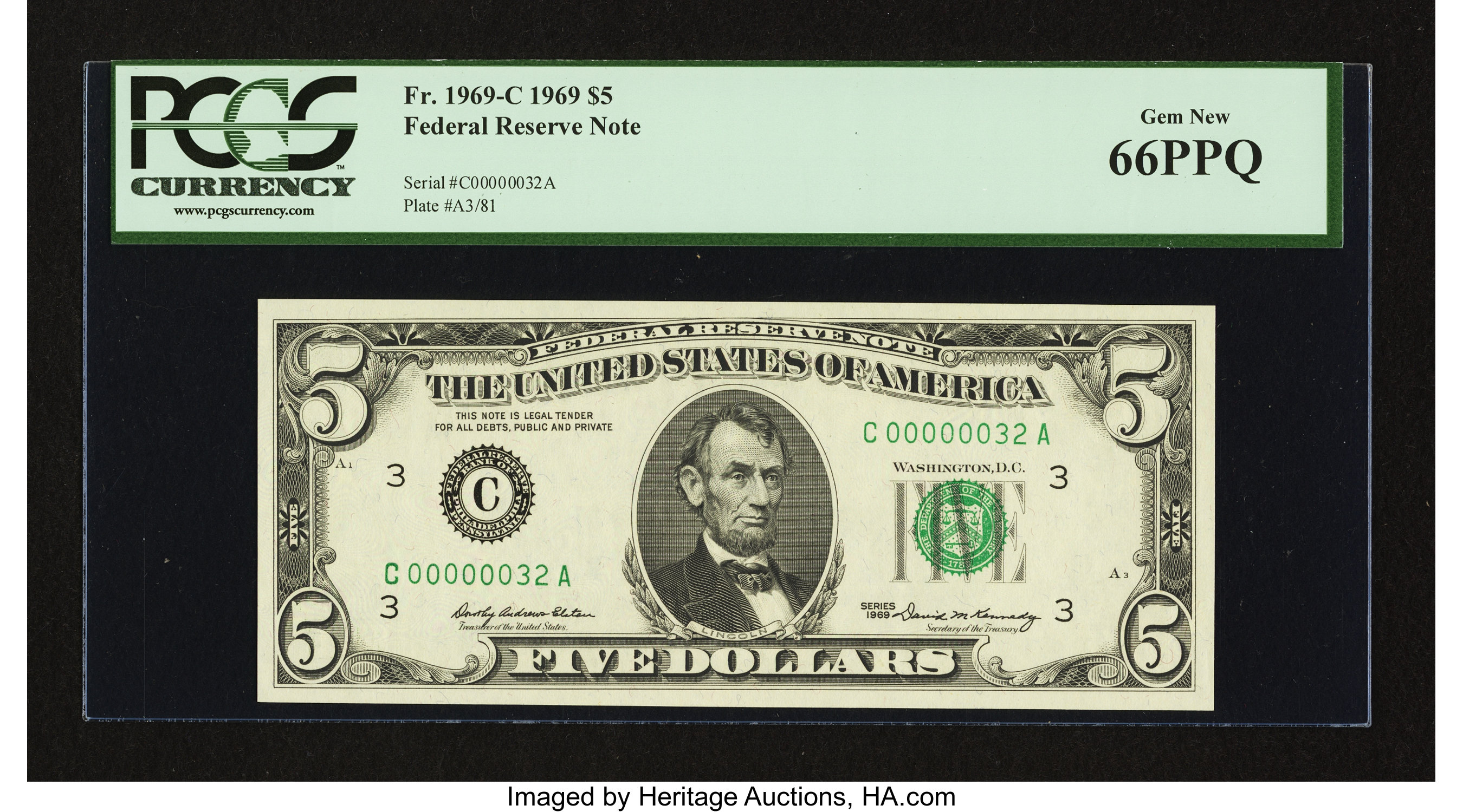 image for: Low Serial Number Fr. 1969-C $5 1969 Federal Reserve Note. PCGS Gem New 66PPQ....