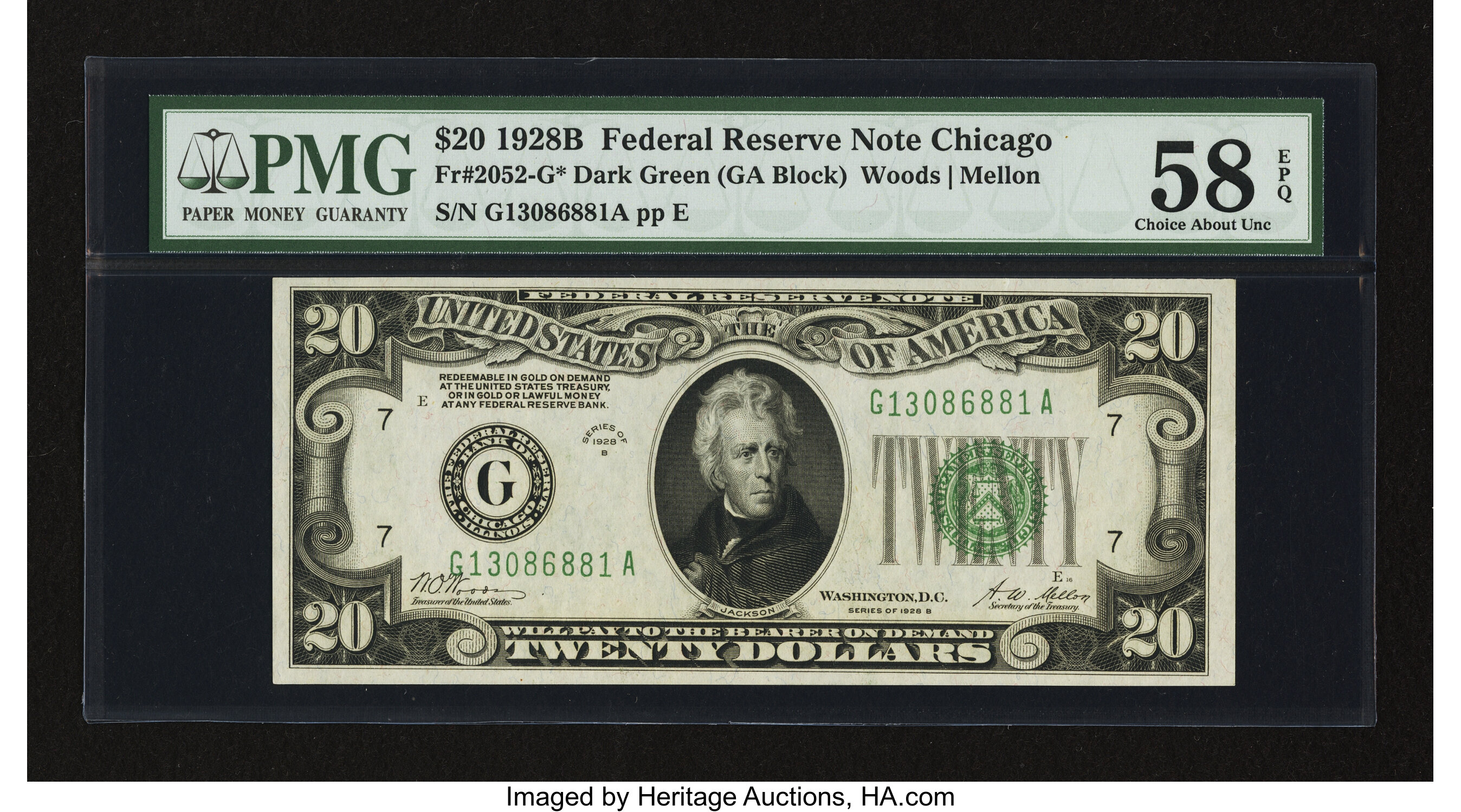 image for: Fr. 2052-G* $20 1928B Dark Green Seal Federal Reserve Star Note. PMG Choice About Unc 58 EPQ....