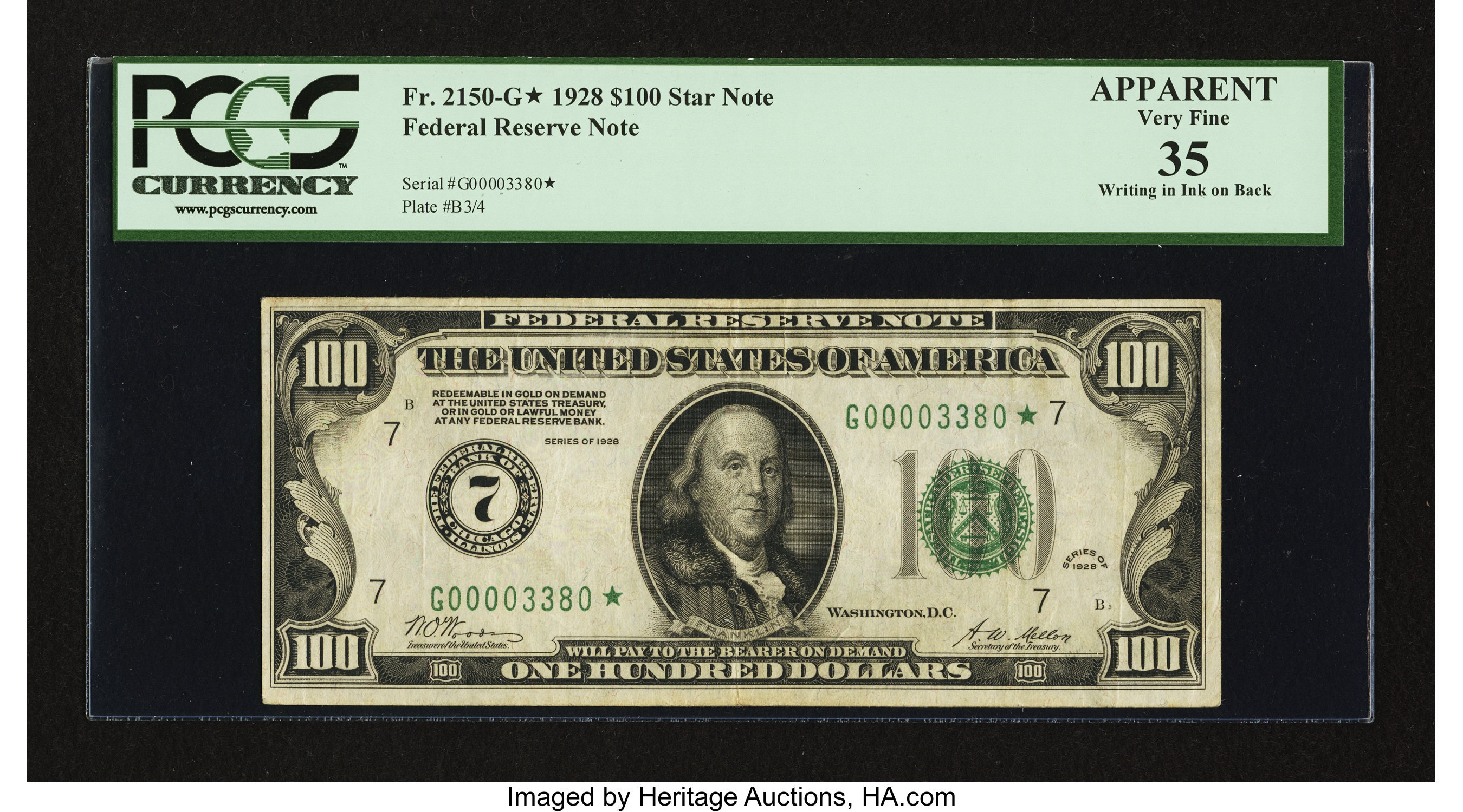 image for: Fr. 2150-G* $100 1928 Federal Reserve Star Note. PCGS Apparent Very Fine 35....