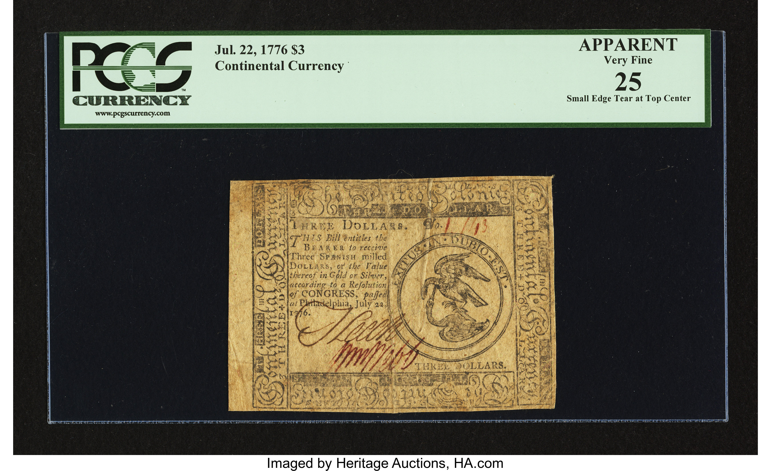 image for: Continental Currency July 22, 1776 $3 PCGS Apparent Very Fine 25....
