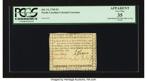 image for: North Carolina July 14, 1760 £3 PCGS Apparent Very Fine 35....