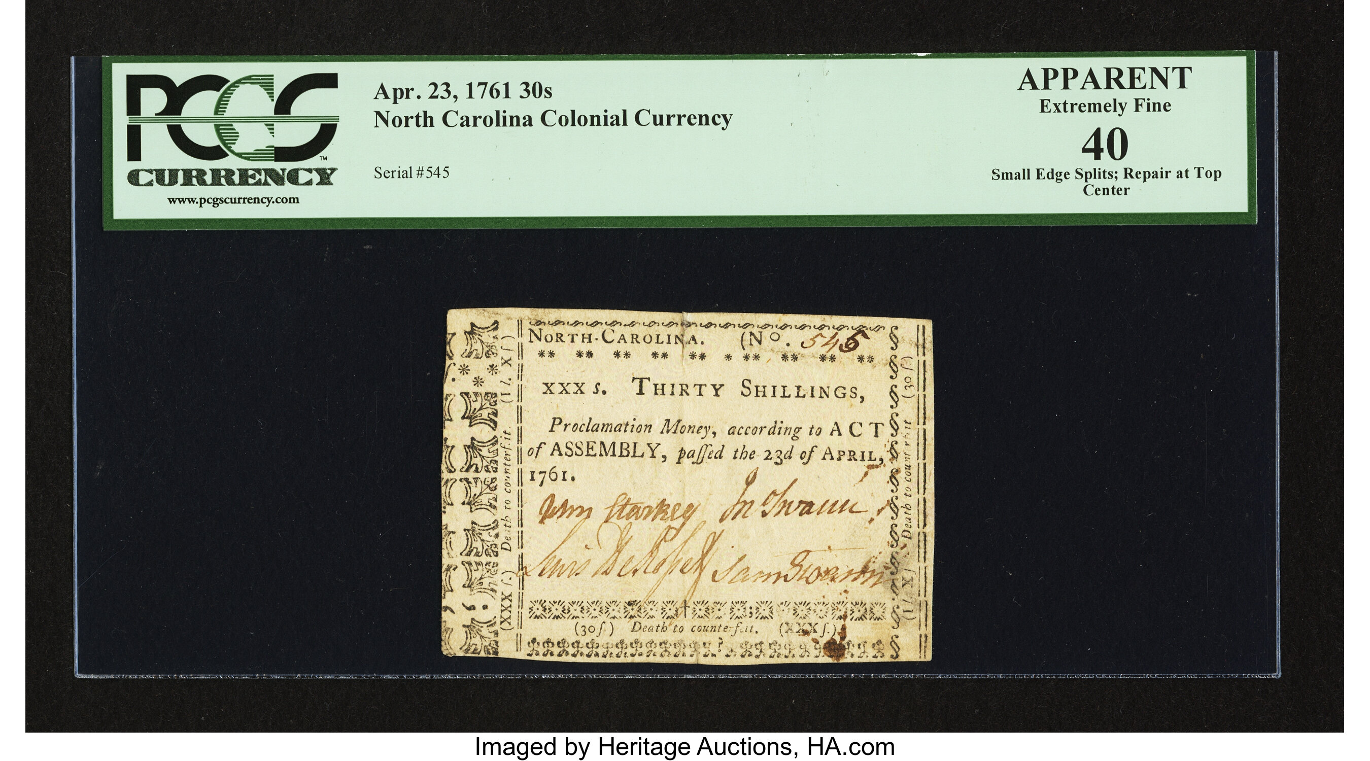 image for: North Carolina April 23, 1761 30s PCGS Apparent Extremely Fine 40....