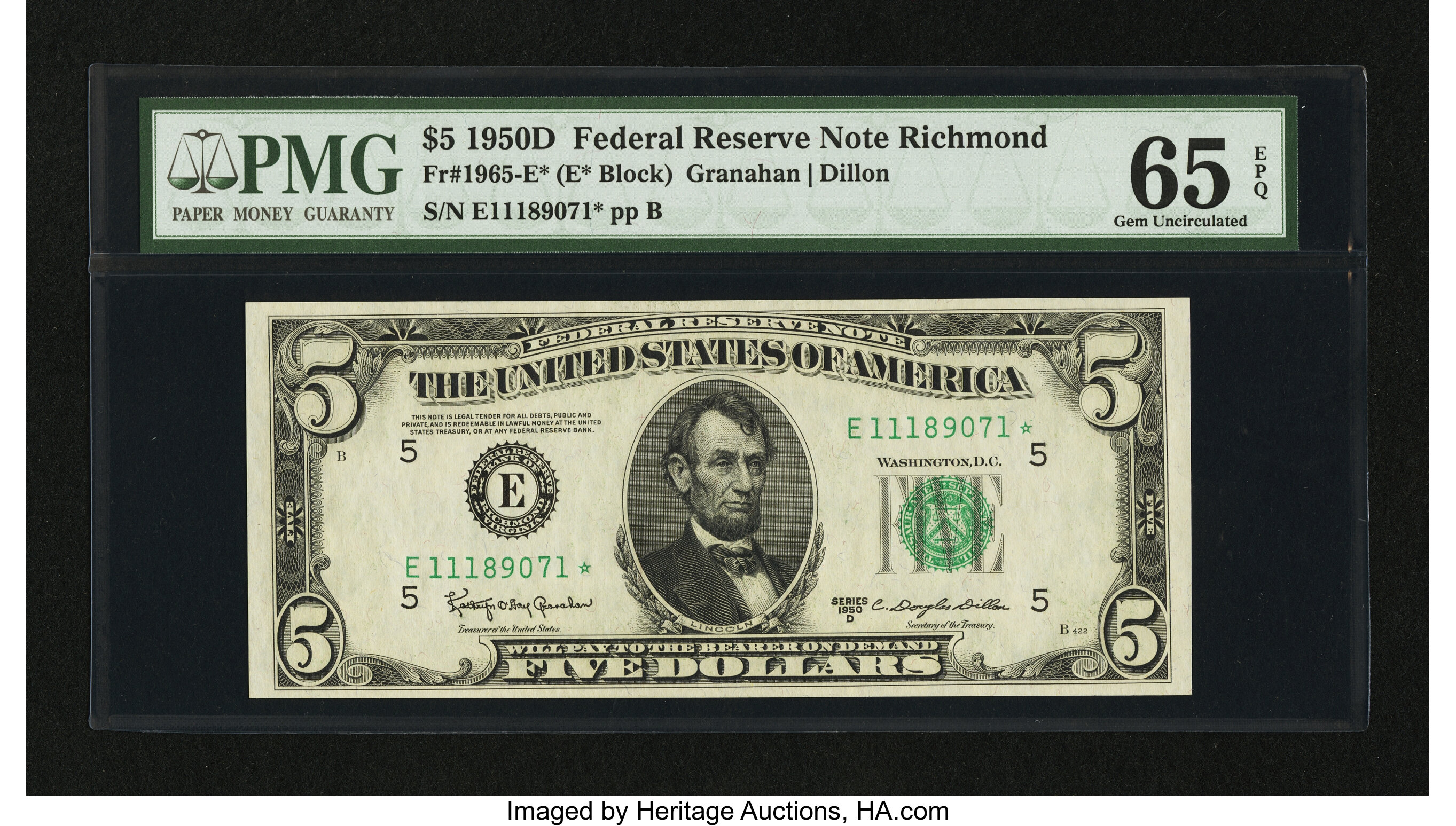image for: Fr. 1965-E* $5 1950D Federal Reserve Star Note. PMG Gem Uncirculated 65 EPQ....
