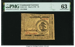 image for: Continental Currency May 9, 1776 $3 PMG Choice Uncirculated 63....