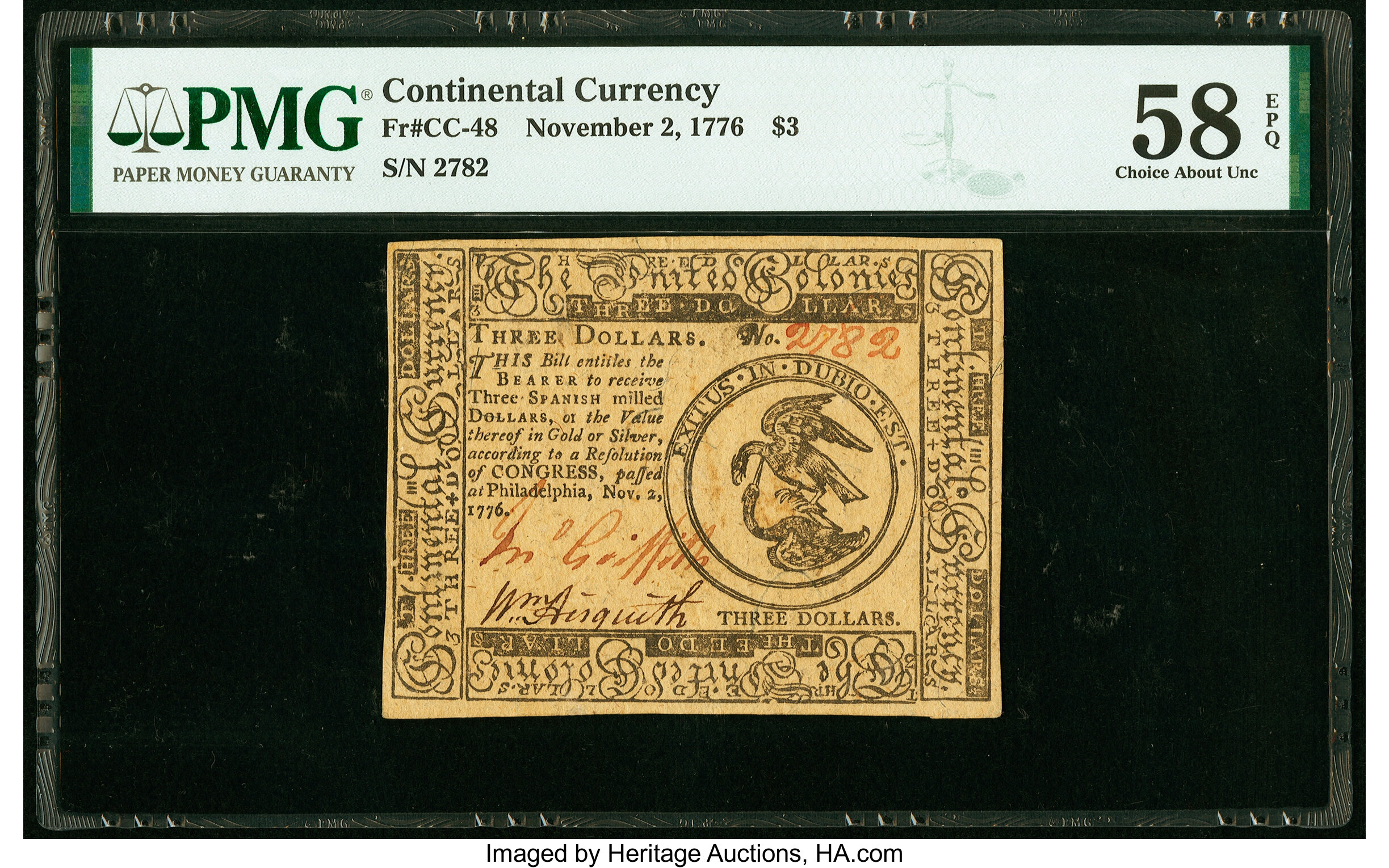 image for: Continental Currency November 2, 1776 $3 PMG Choice About Unc 58 EPQ....